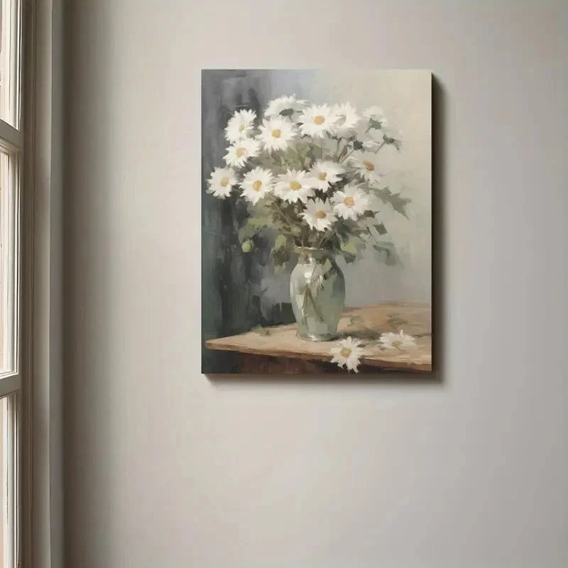 Painting of a vase with white flowers on a neutral wall