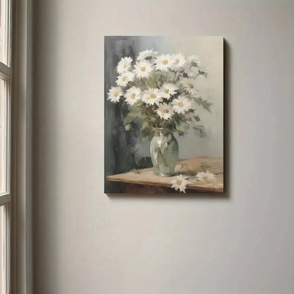 Painting of a vase with white flowers on a neutral wall
