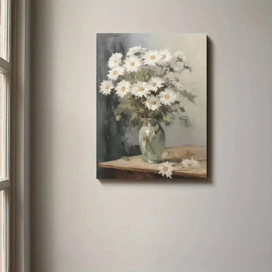 Painting of a vase with white flowers on a neutral wall