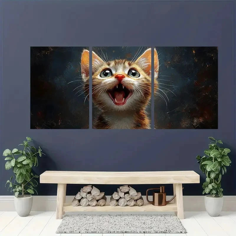 3pcs Whimsical Cat Kitten Fun animal Metal Print Ready to Hang Art