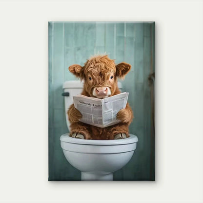 Whimsical Calf Reading on Toilet Metal Print Ready to Hang