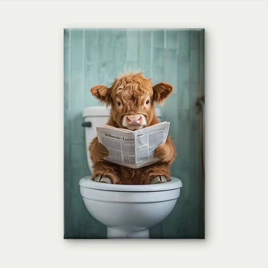 Whimsical Calf Reading on Toilet Metal Print Ready to Hang