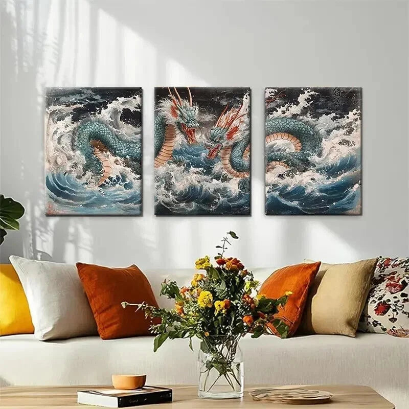 3pcs Mythical Ocean Serpent Stormy Waves Perfect Wall Art Set Canvas Framed 40x60cm - High Quality Print 100% Australian Made Wall Canvas Ready to Hang