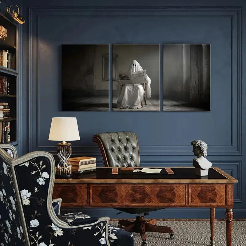 3pcs Mysterious Ghost Reading Newspaper Metal Print Ready to Hang Art