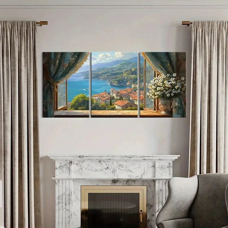 3pcs Seaside Mediterranean Landscape Metal Print Ready to Hang Art