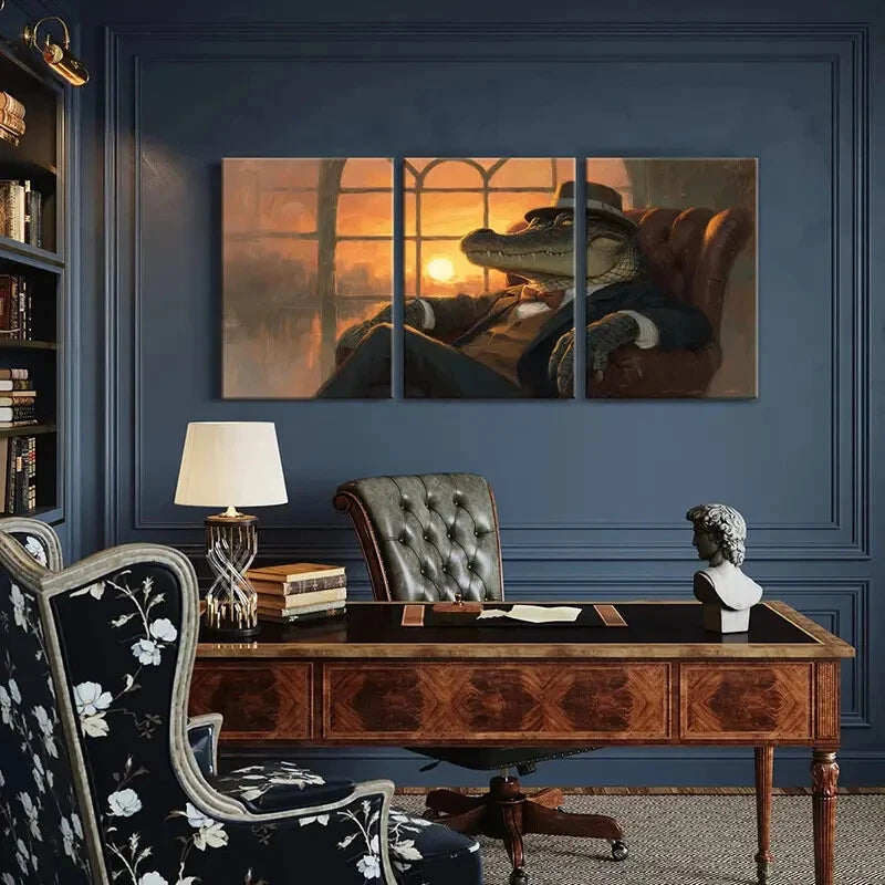 3pcs Alligator Gentleman Elegant Suit Hat Metal Print Ready to Hang Art