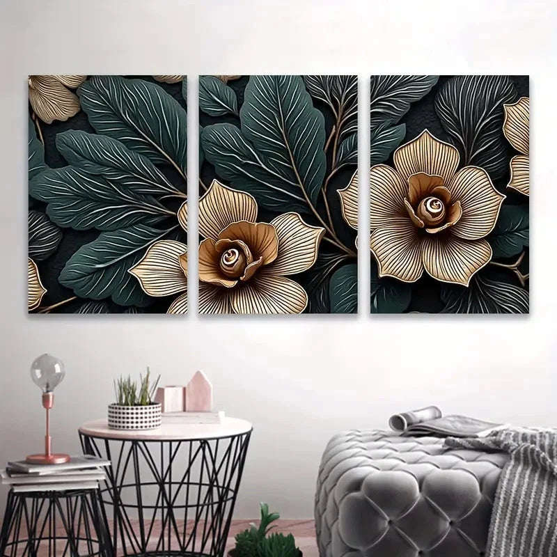 3pcs Black Background With Golden Flowers Wall Art Set Canvas Framed 50x70cm - High Quality Print 100% Australian Made Wall Canvas Ready to Hang