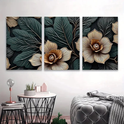 3pcs Black Background With Golden Flowers Wall Art Set Canvas Framed 50x70cm - High Quality Print 100% Australian Made Wall Canvas Ready to Hang