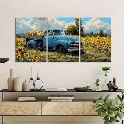 3pcs Vintage Car on a Sunflower Field Art Painting Metal Print Ready to Hang Art