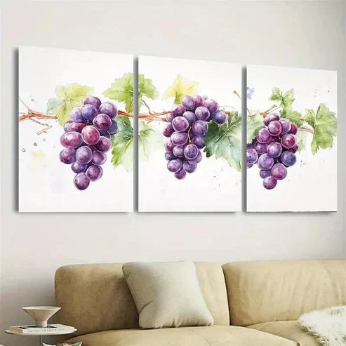 3pcs Watercolor Grape Vine Wall Art Set Canvas Unframed - High Quality Print 100% Australian Made Wall Canvas
