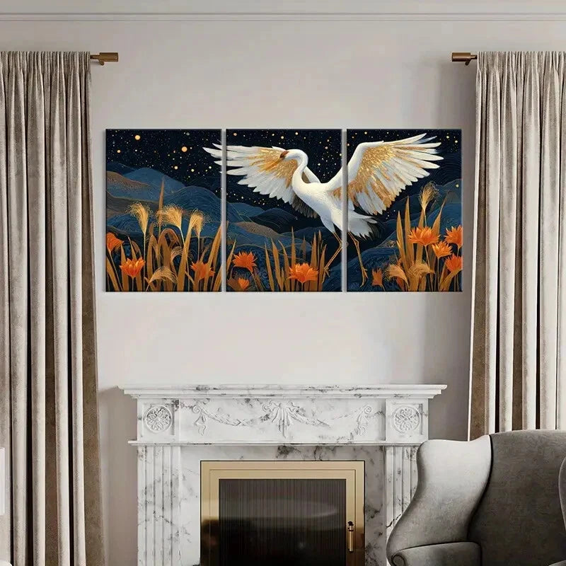 3pcs Elegant Crane Starry Night Golden Wings Metal Print Ready to Hang Art