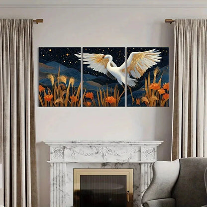3pcs Elegant Crane Starry Night Golden Wings Metal Print Ready to Hang Art