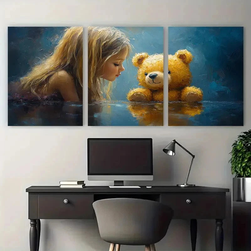 3pcs Girl Abstract Bear Toy Impasto Design Metal Print Ready to Hang Art
