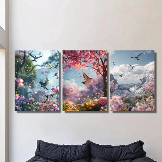 3pcs Plant Flowers And Birds Animal Art Peach Metal Print Ready to Hang Art