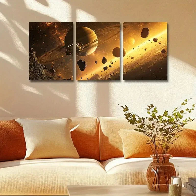 3pcs Golden Planets & Stars Dramatic Perfect Wall Art Set Canvas Framed 40x60cm - High Quality Print 100% Australian Made Wall Canvas Ready to Hang