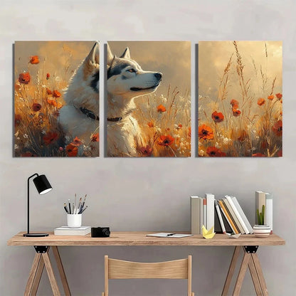 3pcs Husky Dog in Flower Field Wildflower Metal Print Ready to Hang Art