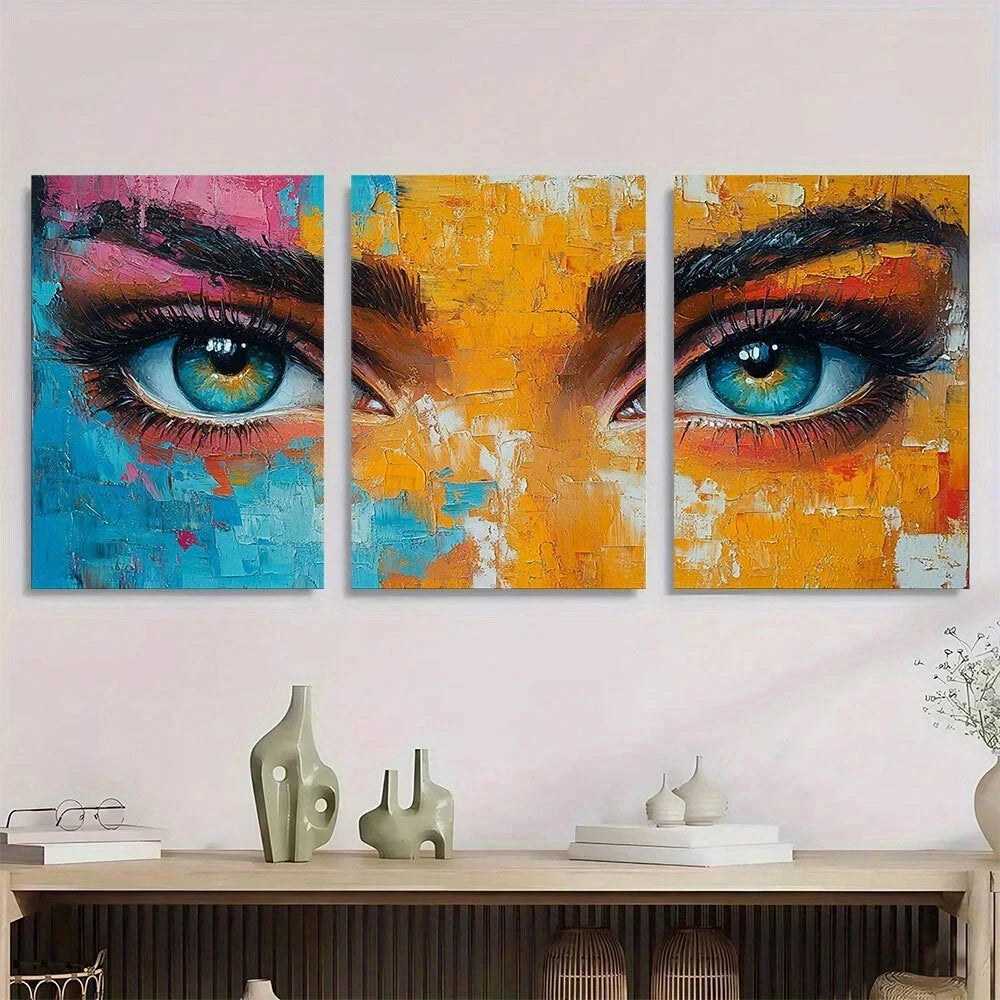 3pcs Abstract Female Face Glasses Vibrant Blue Metal Print Ready to Hang Art