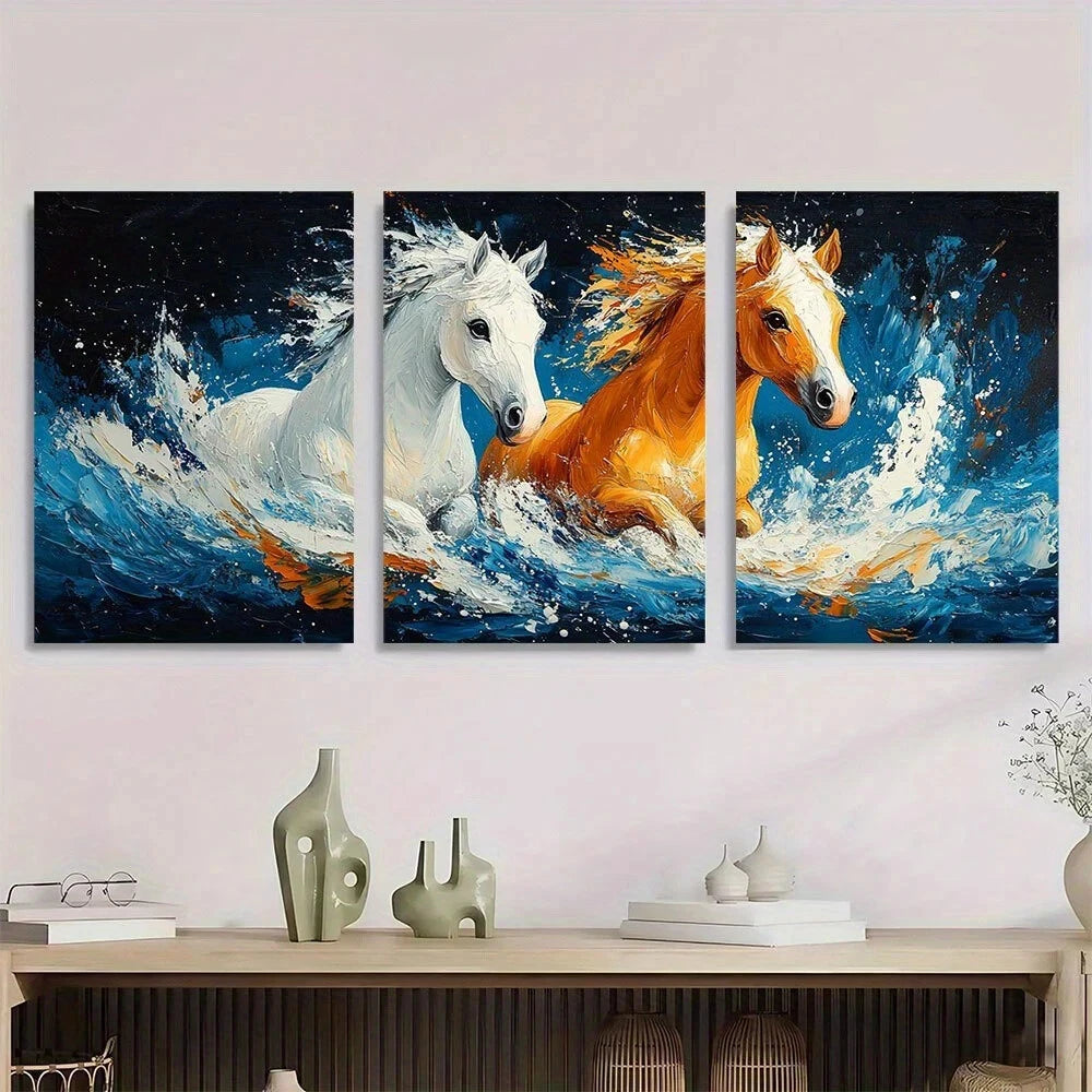 3pcs Animal Theme Horse Foal White and Brown Metal Print Ready to Hang Art