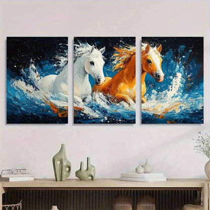 3pcs Animal Theme Horse Foal White and Brown Metal Print Ready to Hang Art