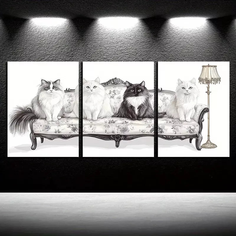 3pcs Black & White Cats In Sofa Canvas Framed 40x60cm - High Quality Print 100% Australian Made Wall Canvas Ready to Hang