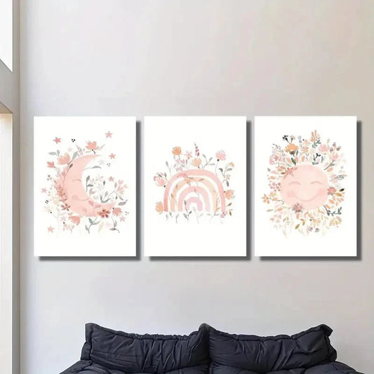 3pcs Colorful Moon Rainbow Sun Full of Flowers Metal Print Ready to Hang Art