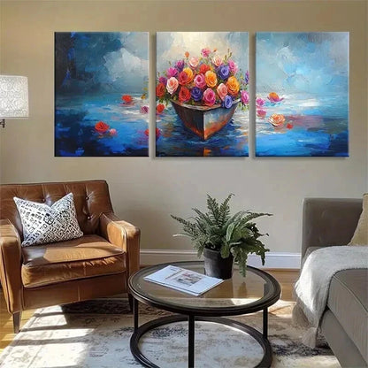 3pcs Colorful Flower Vibrant Floral Boat Perfect Wall Art Set Canvas Framed 50x70cm - High Quality Print 100% Australian Made Wall Canvas Ready to Hang