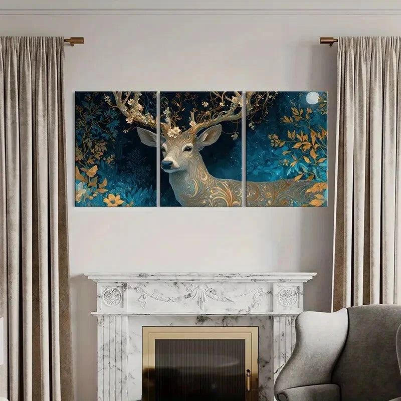 3pcs Enchanted Forest Deer Mystical Art Floral Metal Print Ready to Hang Art