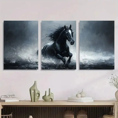 3pcs Black & White Oil Painting Dynamic Horse Metal Print Ready to Hang Art