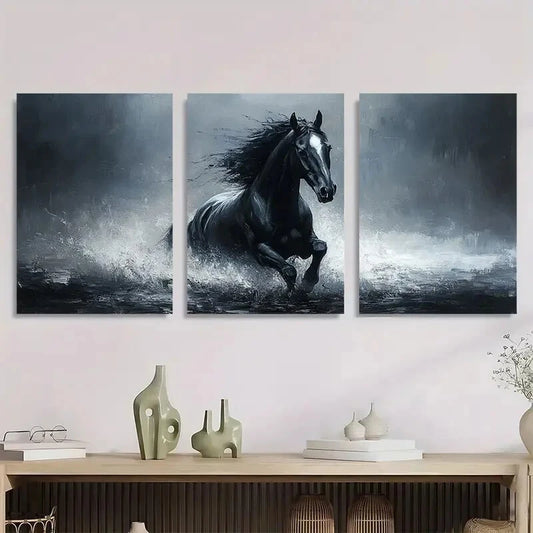 3pcs Black & White Oil Painting Dynamic Horse Metal Print Ready to Hang Art