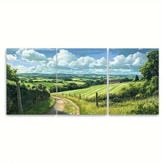 3pcs English Countryside Landscape with Rolling Metal Print Ready to Hang Art