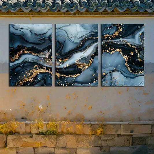 3pcs Elegant Wave Abstract with Gold Accent Design Metal Print Ready to Hang Art