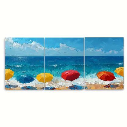 3pcs Beach Umbrella Ocean. Colorful Coastal Metal Print Ready to Hang Art