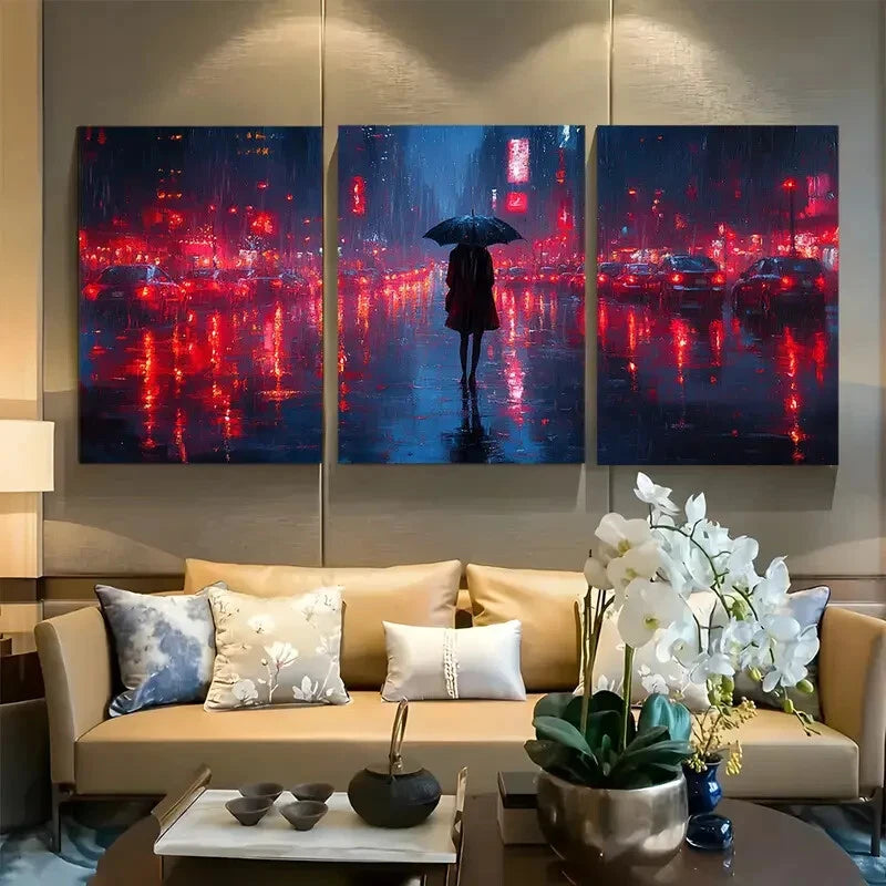 3pcs Abstract Rainy Night Metal Print Ready to Hang Art