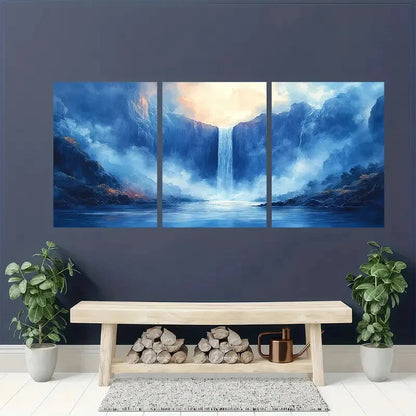 3pcs Vibrant Blue & Golden Sunset Landscape Metal Print Ready to Hang Art