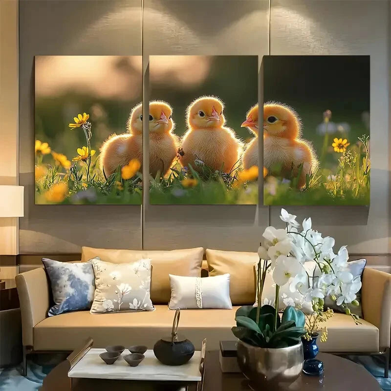 3pcs Yellow Baby Chicks and Wildflowers Metal Print Ready to Hang Art