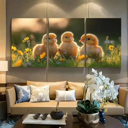 3pcs Yellow Baby Chicks and Wildflowers Metal Print Ready to Hang Art