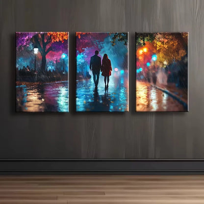 3pcs Lovers taking a walk in Vibrant Street Wall Art Set Canvas Framed 50x70cm - High Quality Print 100% Australian Made Wall Canvas Ready to Hang