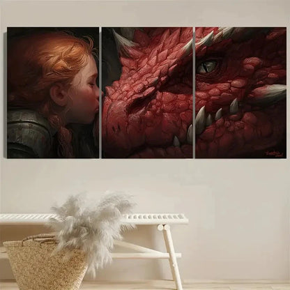 3pcs The Girl And Her Dragon Fantasy Gamer Art Wall Art Set Canvas Framed 50x70cm - High Quality Print 100% Australian Made Wall Canvas Ready to Hang