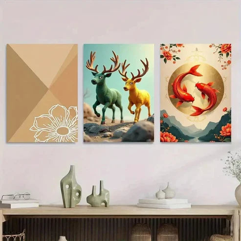 3pcs Chic Traditional Deer & Koi Fish Nature Wall Art Set Canvas Unframed - High Quality Print 100% Australian Made Wall Canvas