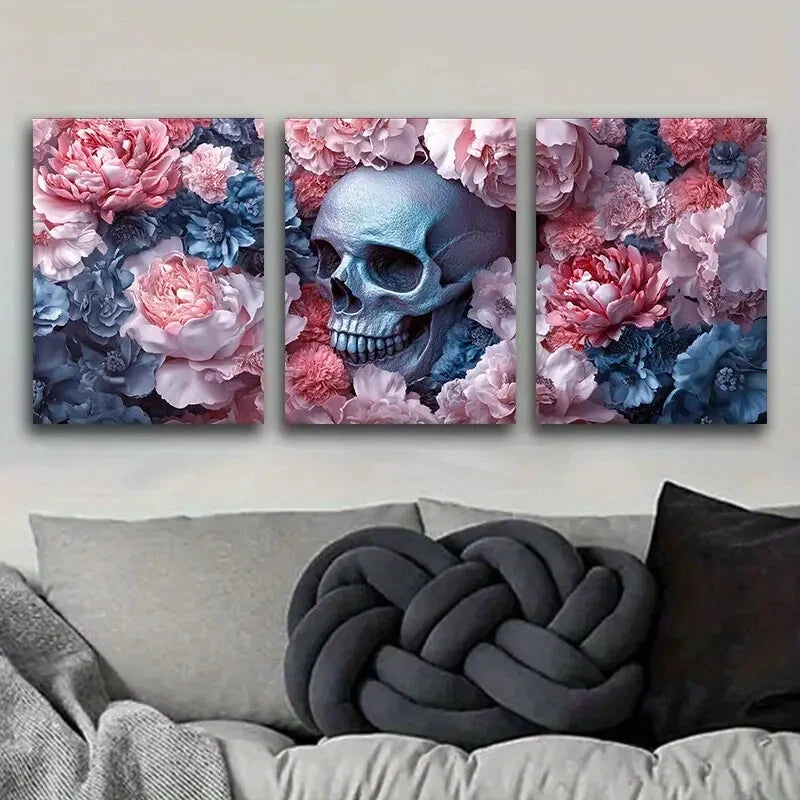 3pcs Blue Flower Skull Floral Skeleton Metal Print Ready to Hang Art