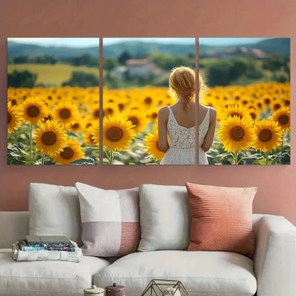 3pcs Golden Yellow Sunflowers with Cute Women Metal Print Ready to Hang Art