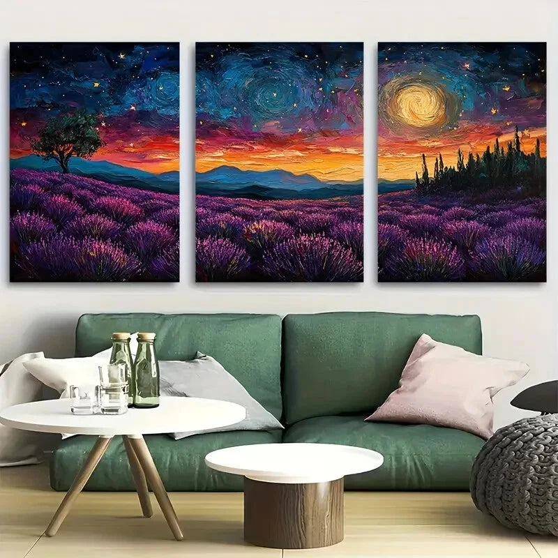 3pcs Vibrant Lavender Field & Starry Night Metal Print Ready to Hang Art