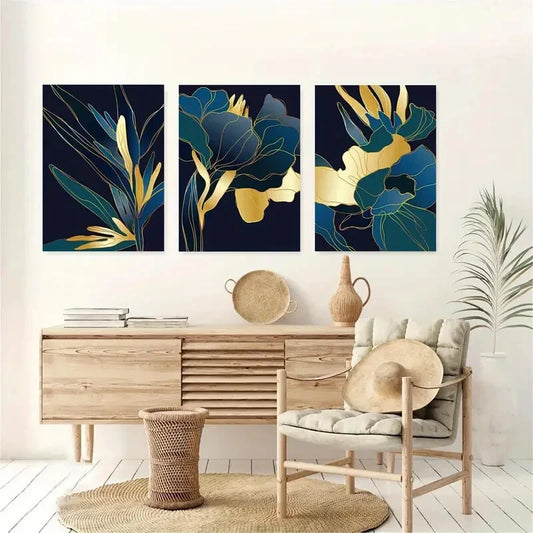 3pcs Teal Gold Modern Botanical Metal Print Ready to Hang Art
