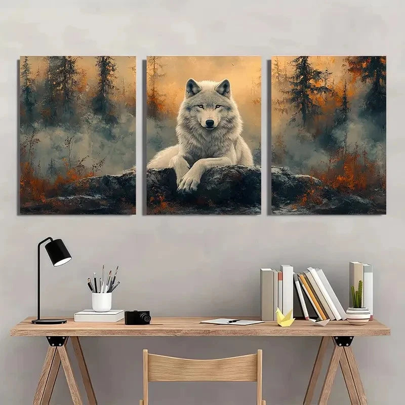 3pcs White Wolf Ancient Forest Scene with Vivid Wall Art Set Canvas Framed 40x60cm - High Quality Print 100% Australian Made Wall Canvas Ready to Hang