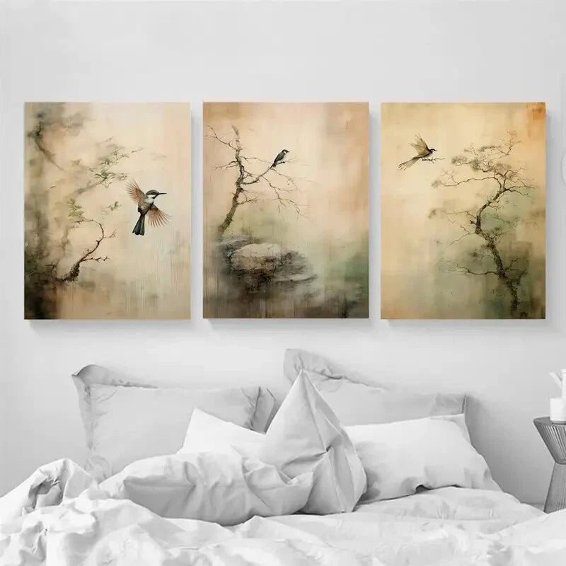 3pcs Serene Trees & Birds Green Mountain Metal Print Ready to Hang Art