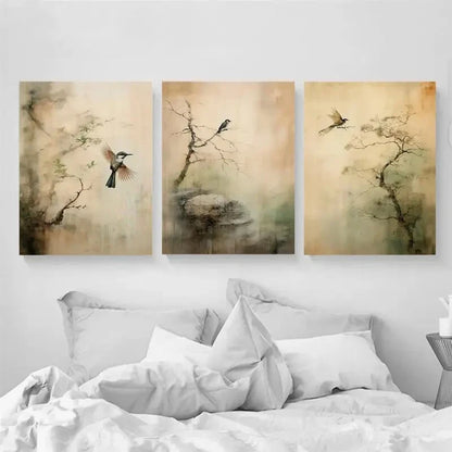3pcs Serene Trees & Birds Green Mountain Metal Print Ready to Hang Art