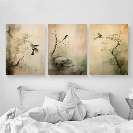 3pcs Serene Trees & Birds Green Mountain Metal Print Ready to Hang Art