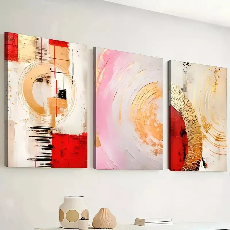 3pcs Featuring Modern Abstract Geometric Gold Wall Art Set Canvas Fram