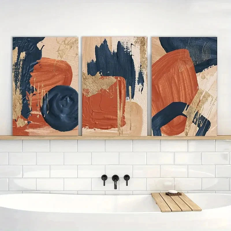 3pcs Terracotta Navy Blue and Orange Wall Decor Metal Print Ready to Hang Art