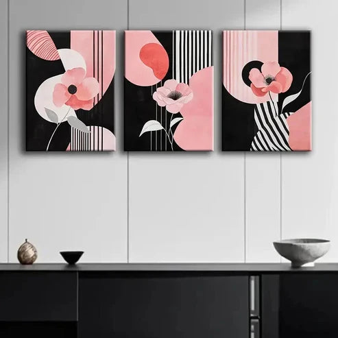 3pcs Pink Flowers & Black White Shapes Wall Art Canvas Unframed - High Quality Print 100% Australian Made Wall Canvas